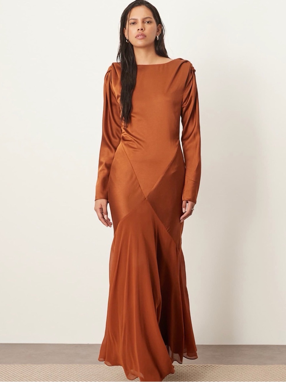 Elegant Long-Sleeve Satin Maxi Dress - caramel
